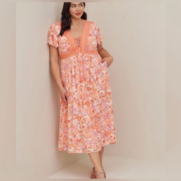 Torrid Crinkle Gauze Peach Floral Tea Length Lined Dress plus sz 6x (30) - Picture 1 of 15